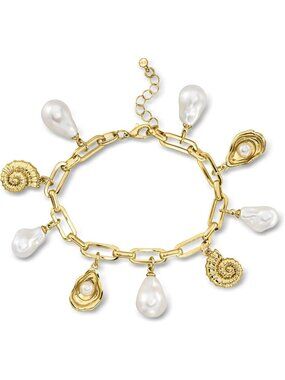 14kt Gold-Plated Seashell Charm Bracelet with Baroque Pearls - 7" Paper Clip